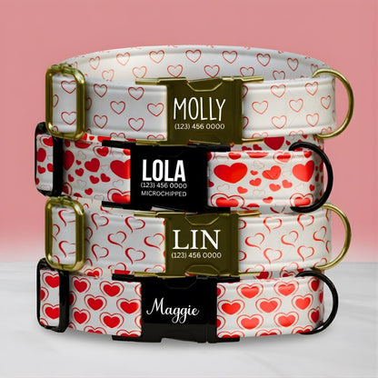 Valentine Hearts Personalized Dog Collar  Red Heart Design with Custom Name & Metal Buckle (OG-402)