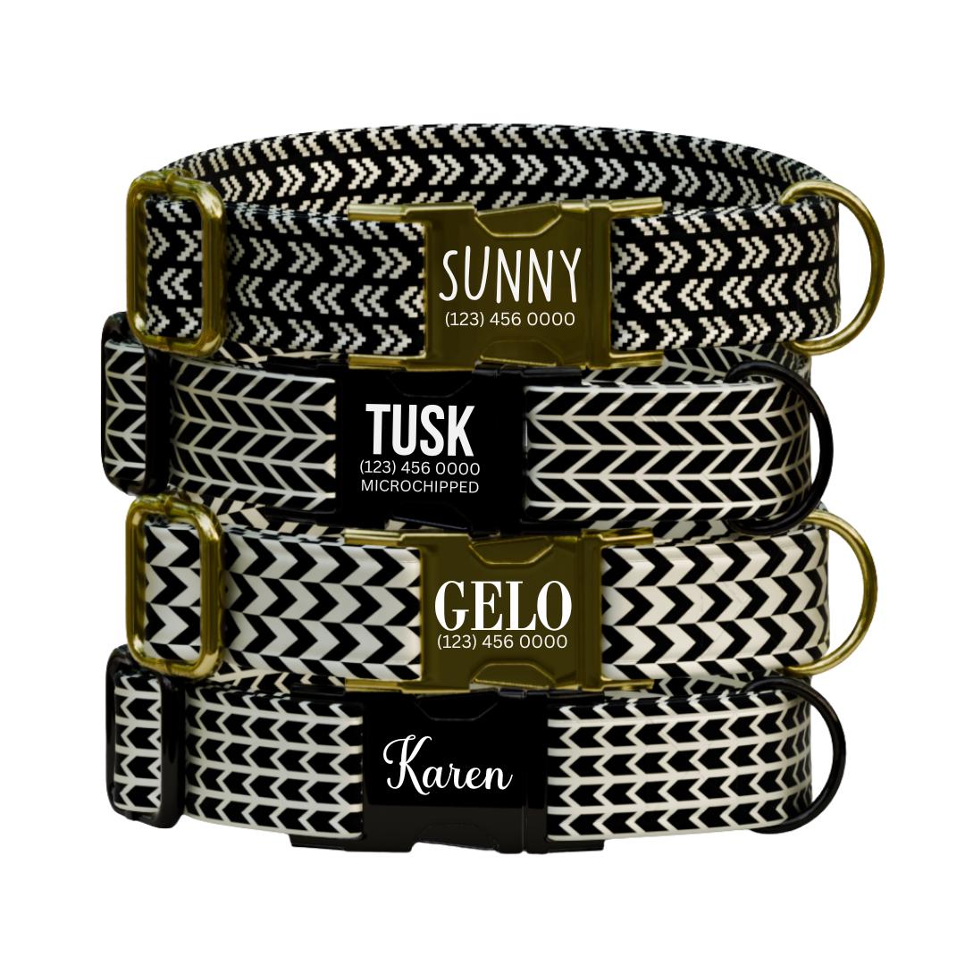 Black and Cream Chic Personalized Dog Collar Modern Chevron Plaids, Custom Name & Number (OG-358)