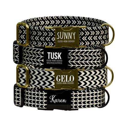 Black and Cream Chic Personalized Dog Collar Modern Chevron Plaids, Custom Name & Number (OG-358)