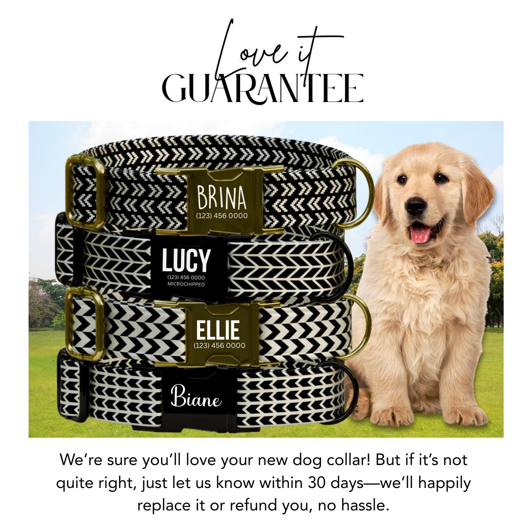 Black and Cream Chic Personalized Dog Collar Modern Chevron Plaids, Custom Name & Number (OG-358)