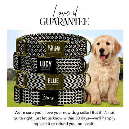 Black and Cream Chic Personalized Dog Collar Modern Chevron Plaids, Custom Name & Number (OG-358)