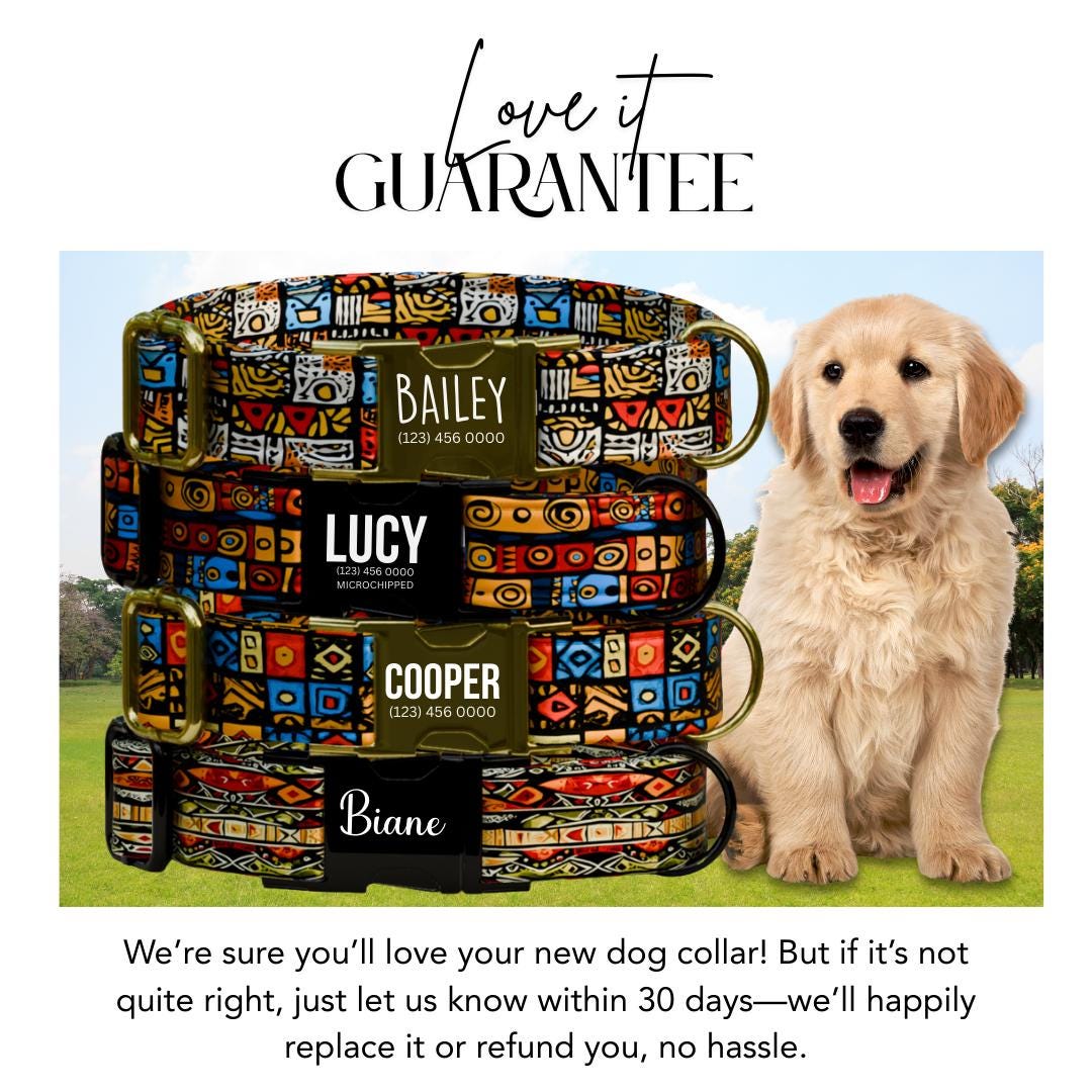 Boho Safari Personalized Dog Collar  Tribal Neutrals with Warm Earth Tones Custom Name with Metal Buckle (OG-370)