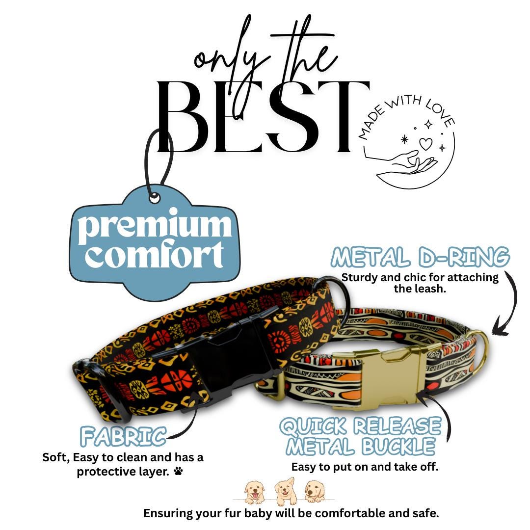 Personalized Tribal Boho Dog Collar  African-Inspired Geometric Print Custom Name Metal Buckle (OG-372)