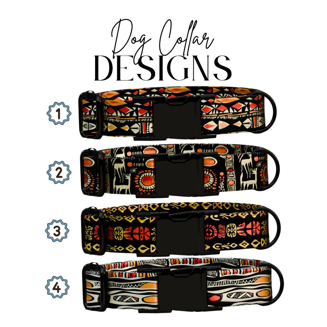 Personalized Tribal Boho Dog Collar  African-Inspired Geometric Print Custom Name Metal Buckle (OG-372)