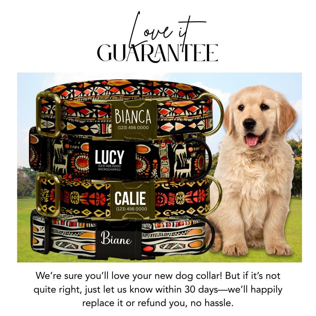 Personalized Tribal Boho Dog Collar  African-Inspired Geometric Print Custom Name Metal Buckle (OG-372)
