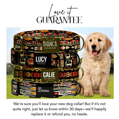 Personalized Tribal Boho Dog Collar  African-Inspired Geometric Print Custom Name Metal Buckle (OG-372)