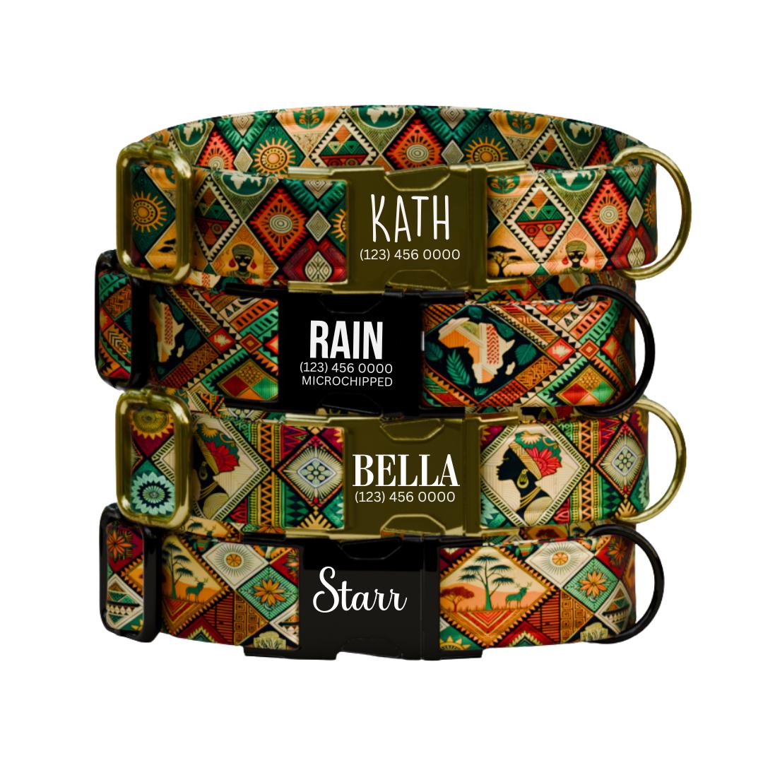 Personalized Boho Tribal Dog Collar  Colorful African-Inspired Patchwork Custom Name Metal Buckle (OG-373)
