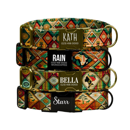 Personalized Boho Tribal Dog Collar  Colorful African-Inspired Patchwork Custom Name Metal Buckle (OG-373)