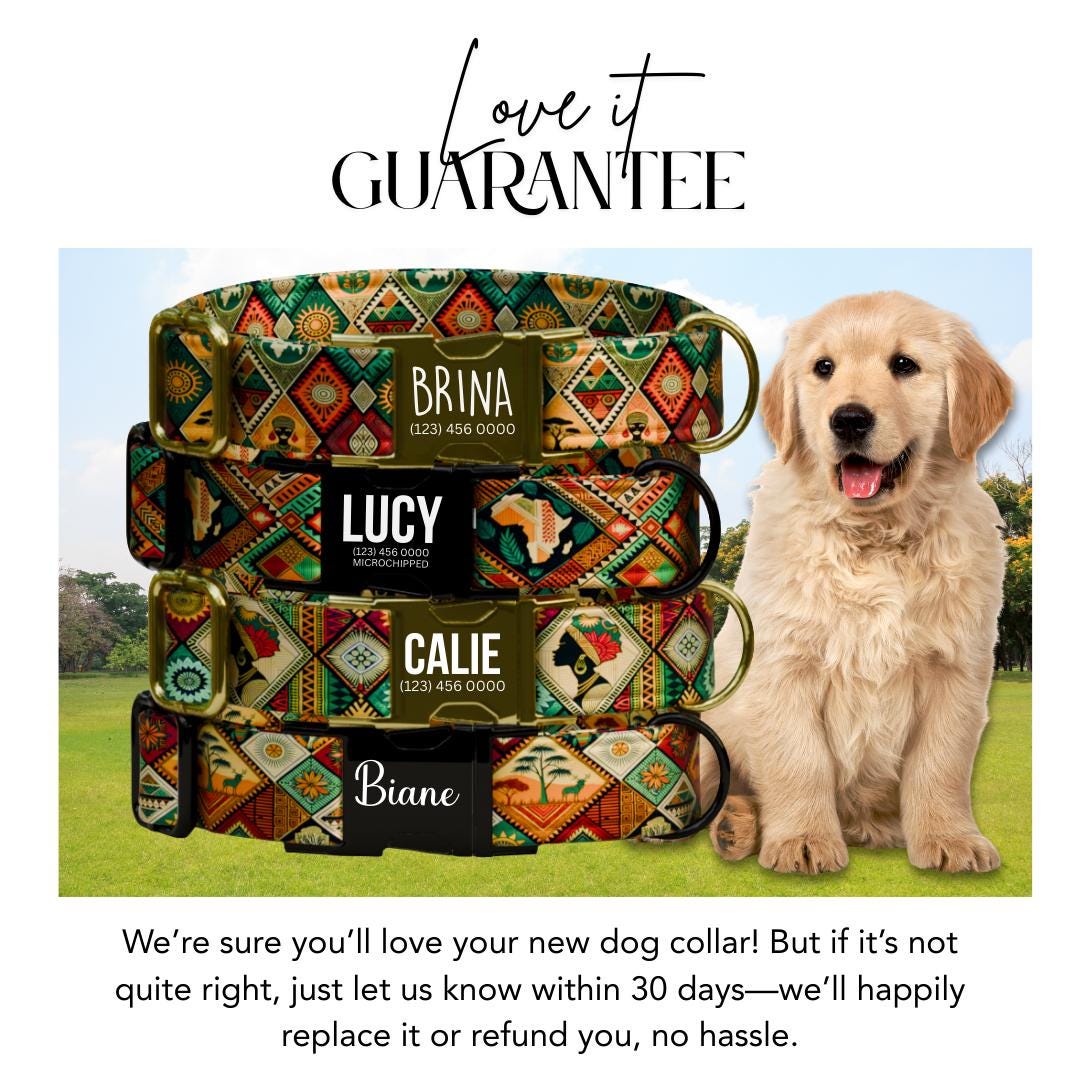 Personalized Boho Tribal Dog Collar  Colorful African-Inspired Patchwork Custom Name Metal Buckle (OG-373)