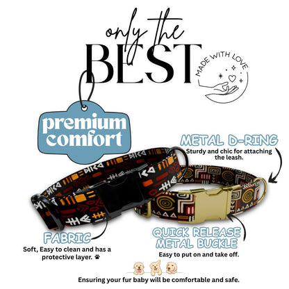 Tribal Boho Personalized Dog Collar  Earthy Geometric Prints Custom Name Metal Buckle (OG-376)