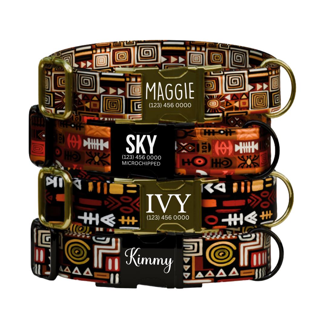 Tribal Boho Personalized Dog Collar  Earthy Geometric Prints Custom Name Metal Buckle (OG-376)