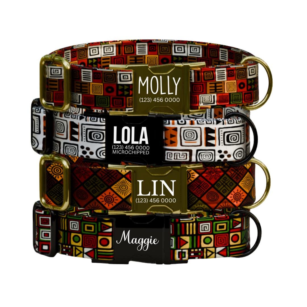 Colorful Tribal Personalized Dog Collar  Bold Geometric Boho Style Custom Name Metal Buckle (OG-377)
