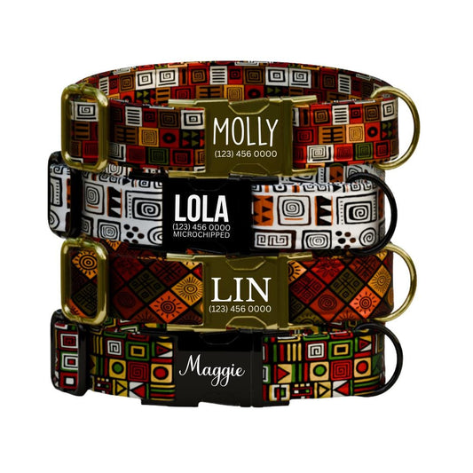 Colorful Tribal Personalized Dog Collar  Bold Geometric Boho Style Custom Name Metal Buckle (OG-377)
