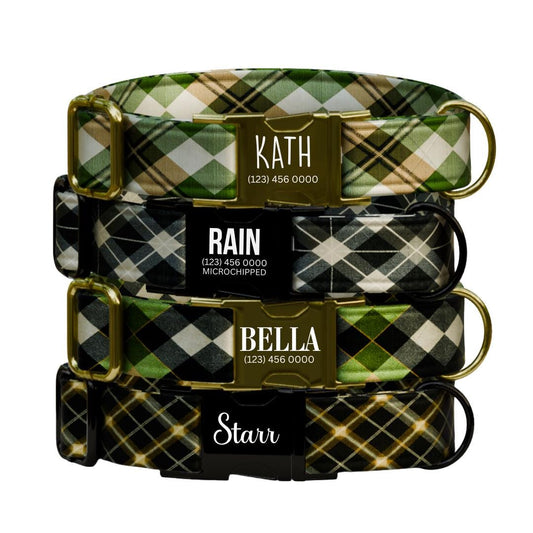 Personalized Forest Plaid Dog Collar  Green & Black Argyle Style Custom Metal Buckle (OG-380)