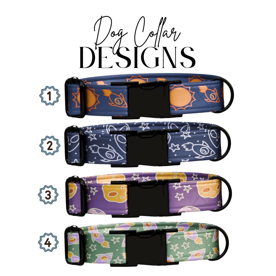 Personalized Space Paws Dog Collar  Cosmic Rockets, Stars & Planets Custom Metal Buckle (OG-381)