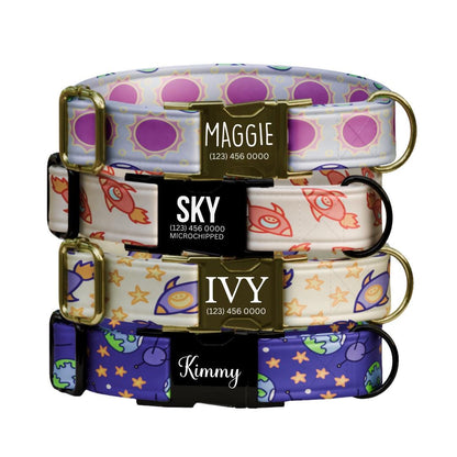 Personalized Space Cuties Dog Collar  Cute Planets, Rockets & Stars Custom Metal Buckle (OG-382)