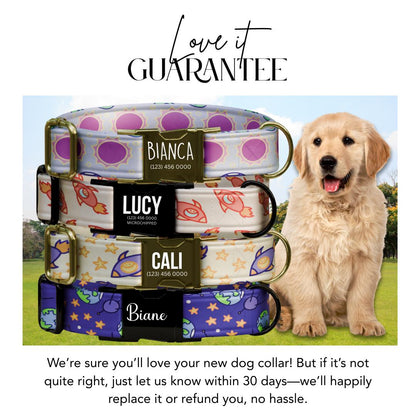 Personalized Space Cuties Dog Collar  Cute Planets, Rockets & Stars Custom Metal Buckle (OG-382)