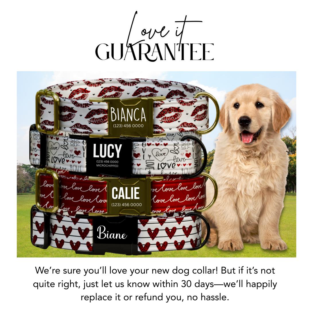 Personalized Valentines Day Dog Collar Love & Kiss Prints Sweet Stylish Pup Accessory Custom Metal Buckle (OG-388)