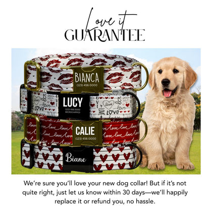 Personalized Valentines Day Dog Collar Love & Kiss Prints Sweet Stylish Pup Accessory Custom Metal Buckle (OG-388)