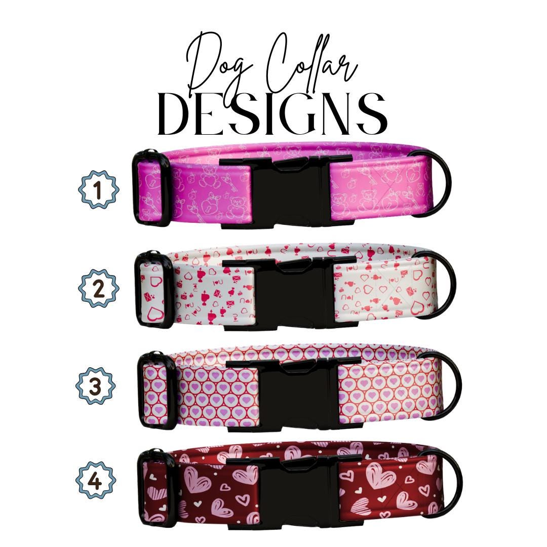 Valentine Dog Collar with Heart and Teddy Bear Designs, Custom Name & Phone Number (OG-395)