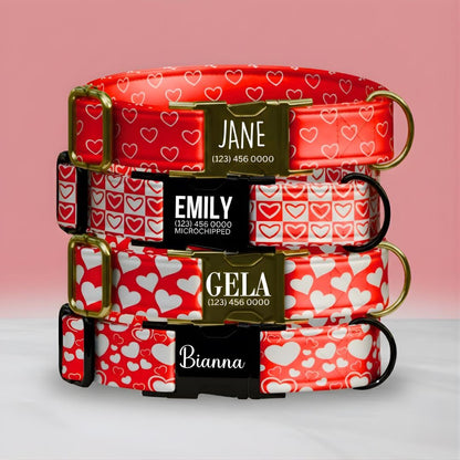 Red Hearts Personalized Dog Collar Valentine Love Print Custom Name & Numbe Metal Buckle (OG-401)