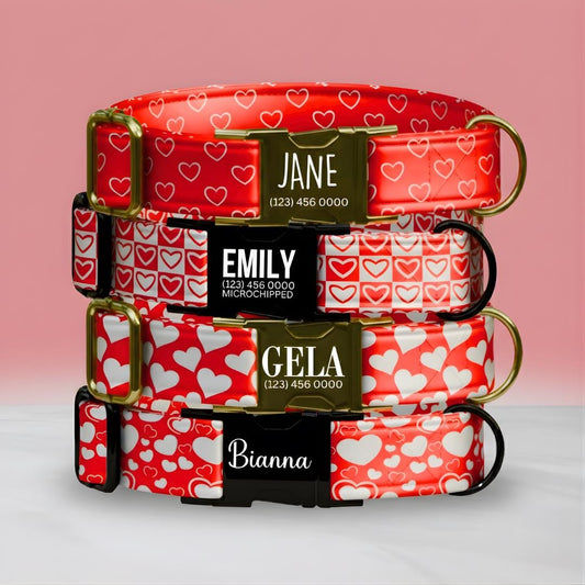 Red Hearts Personalized Dog Collar Valentine Love Print Custom Name & Numbe Metal Buckle (OG-401)