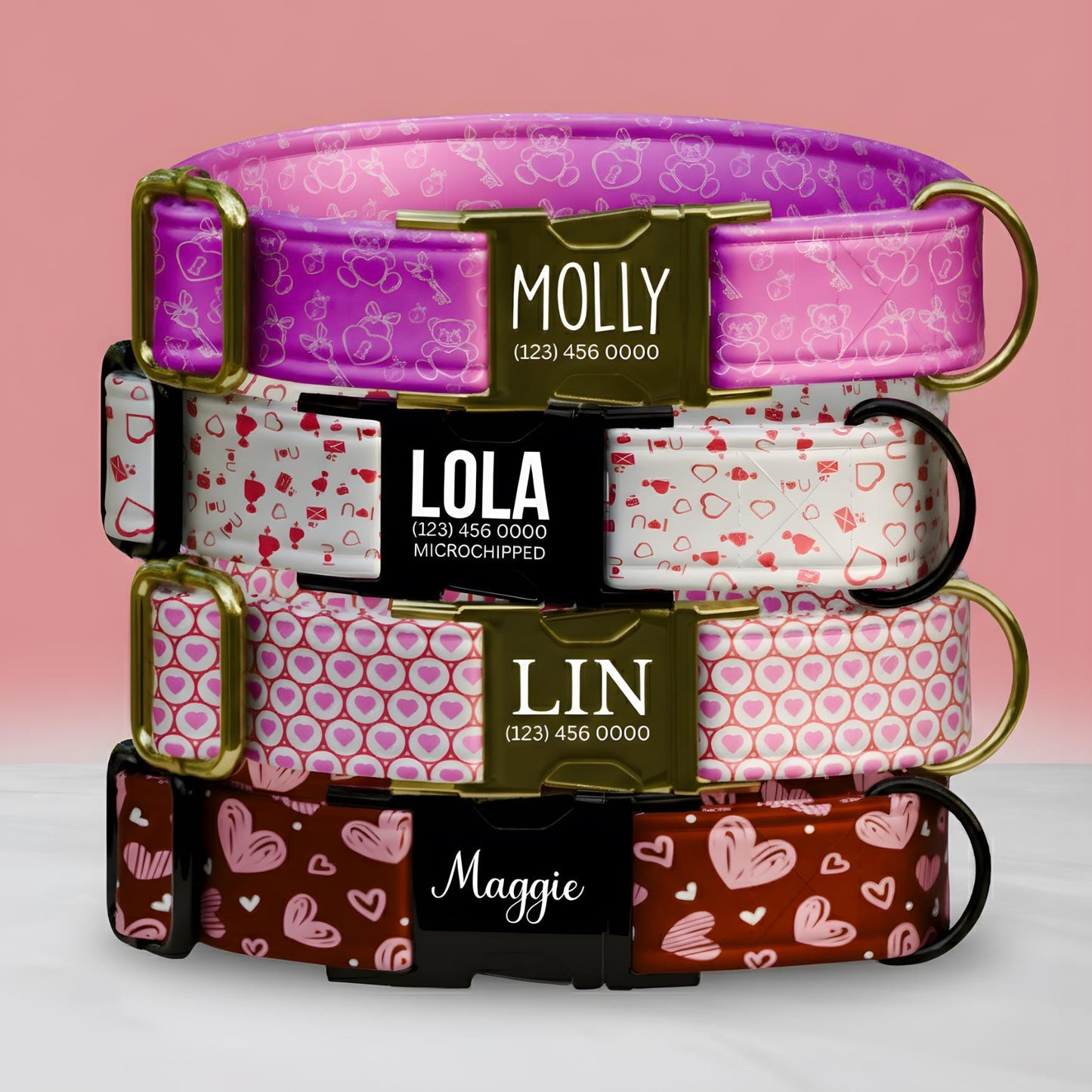 Valentine Dog Collar with Heart and Teddy Bear Designs, Custom Name & Phone Number (OG-395)