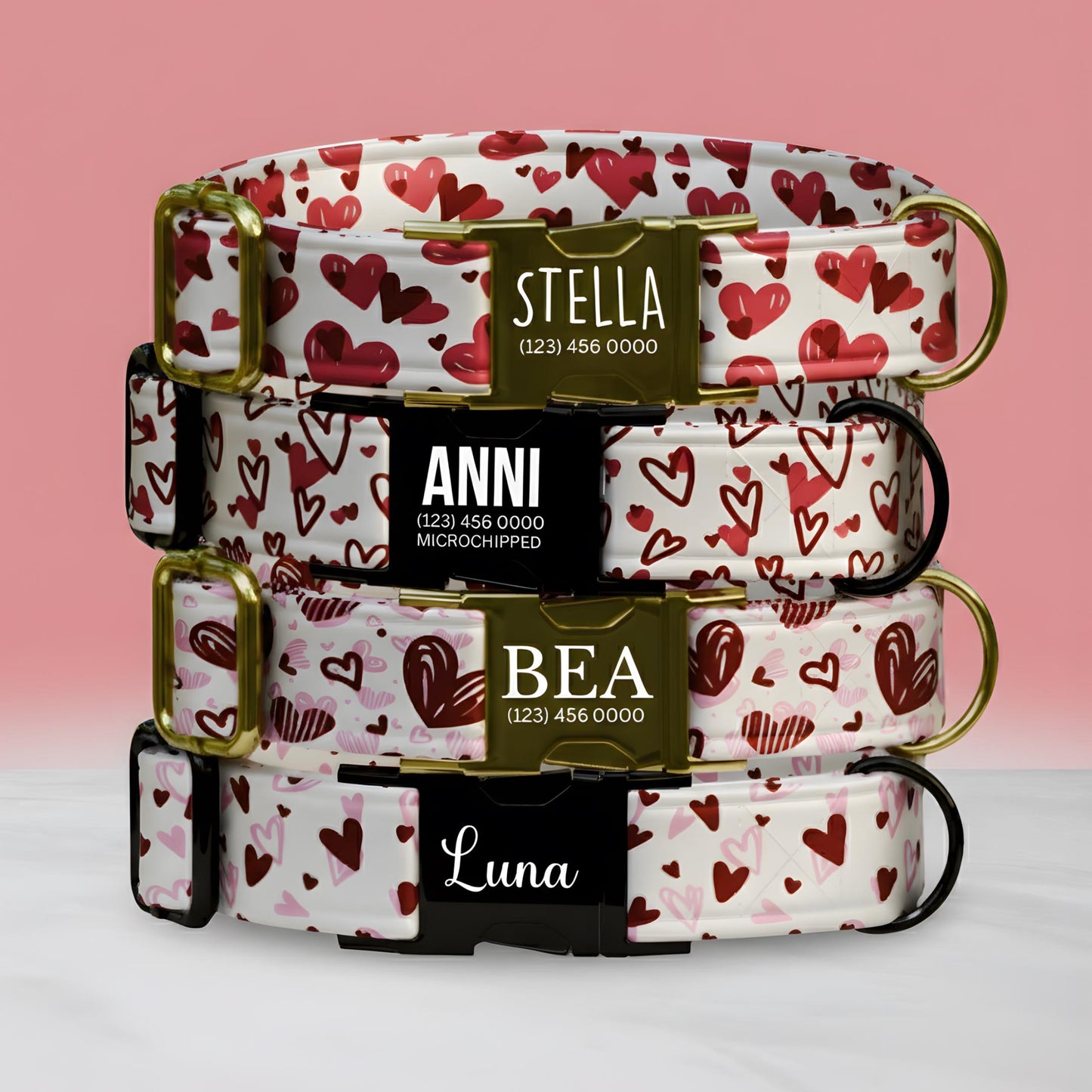 Sweethearts & Snuggles Personalized Dog Collar Valentines Day Heart Print Custom Metal Buckle (OG-392)