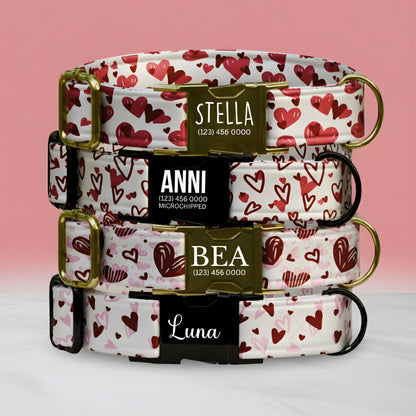 Sweethearts & Snuggles Personalized Dog Collar Valentines Day Heart Print Custom Metal Buckle (OG-392)