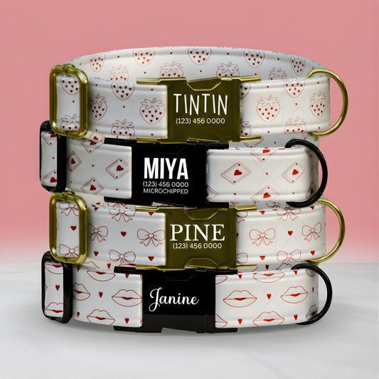 Valentines Day Personalized Dog Collar Strawberry, Hearts, Bows Kiss Prints Custom Name & Number! (OG-409)