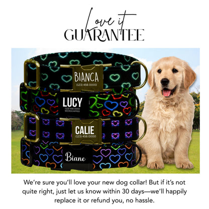 Valentine Dog Collar: Neon Heart Glow, Custom Name, Metal Buckle (OG-406)