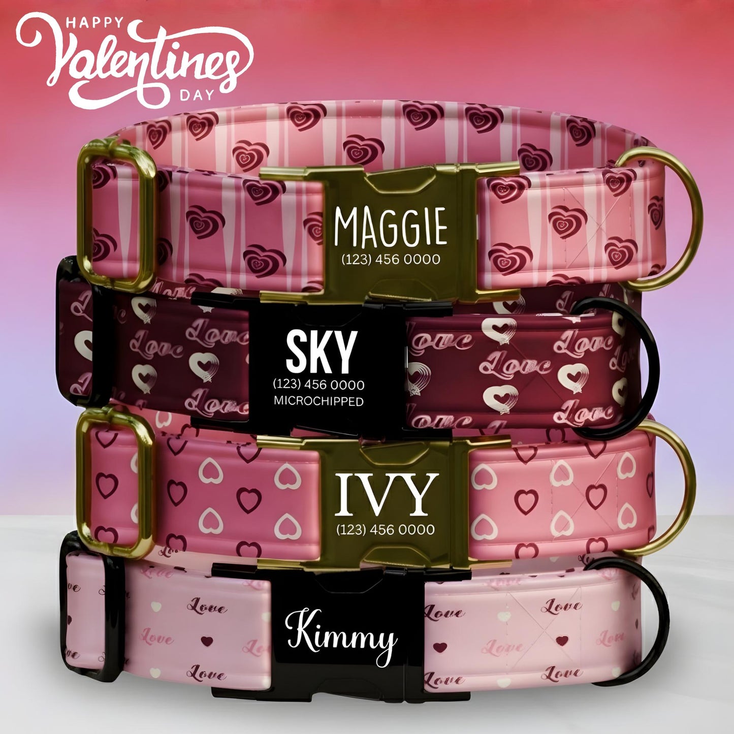 Valentine Hearts Dog Collar  Custom Love-Themed Puppy Collar with Name & Phone Number (OG-394)
