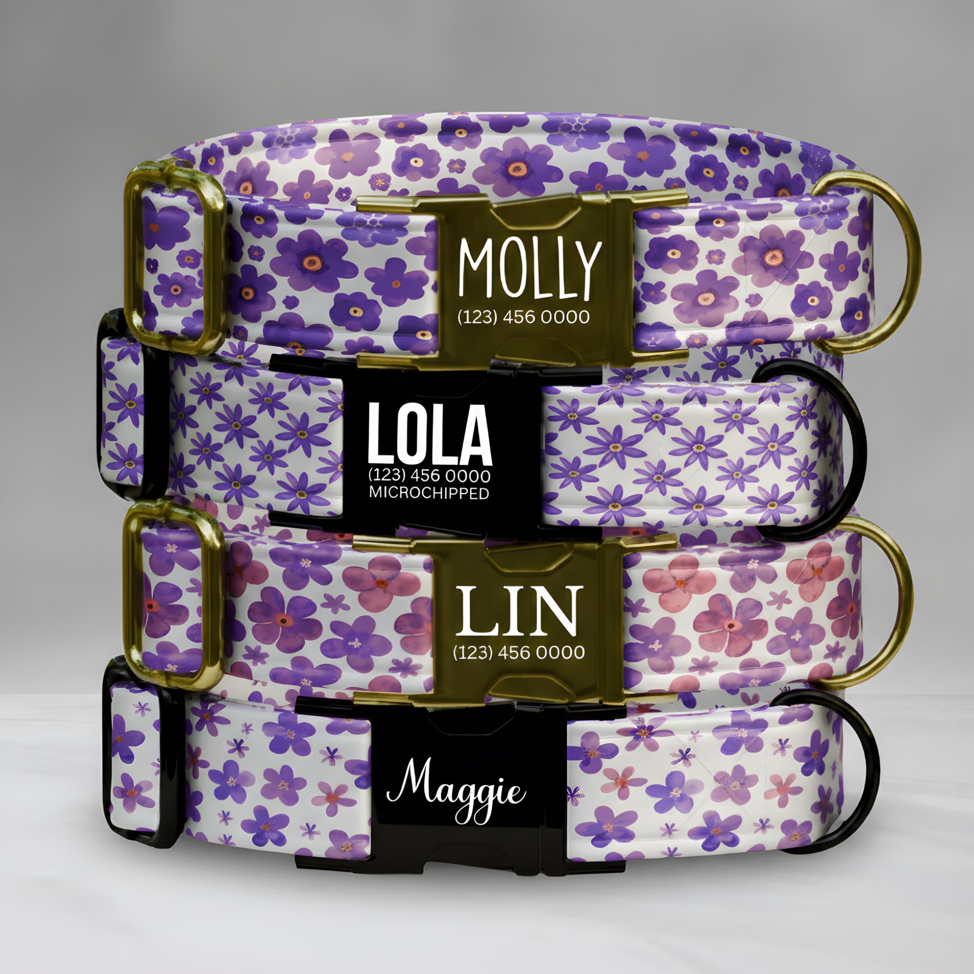 Purple Daisy Floral Dog Collar, Personalized Engraved Fabric, Flower Dog Gift (OG-417)