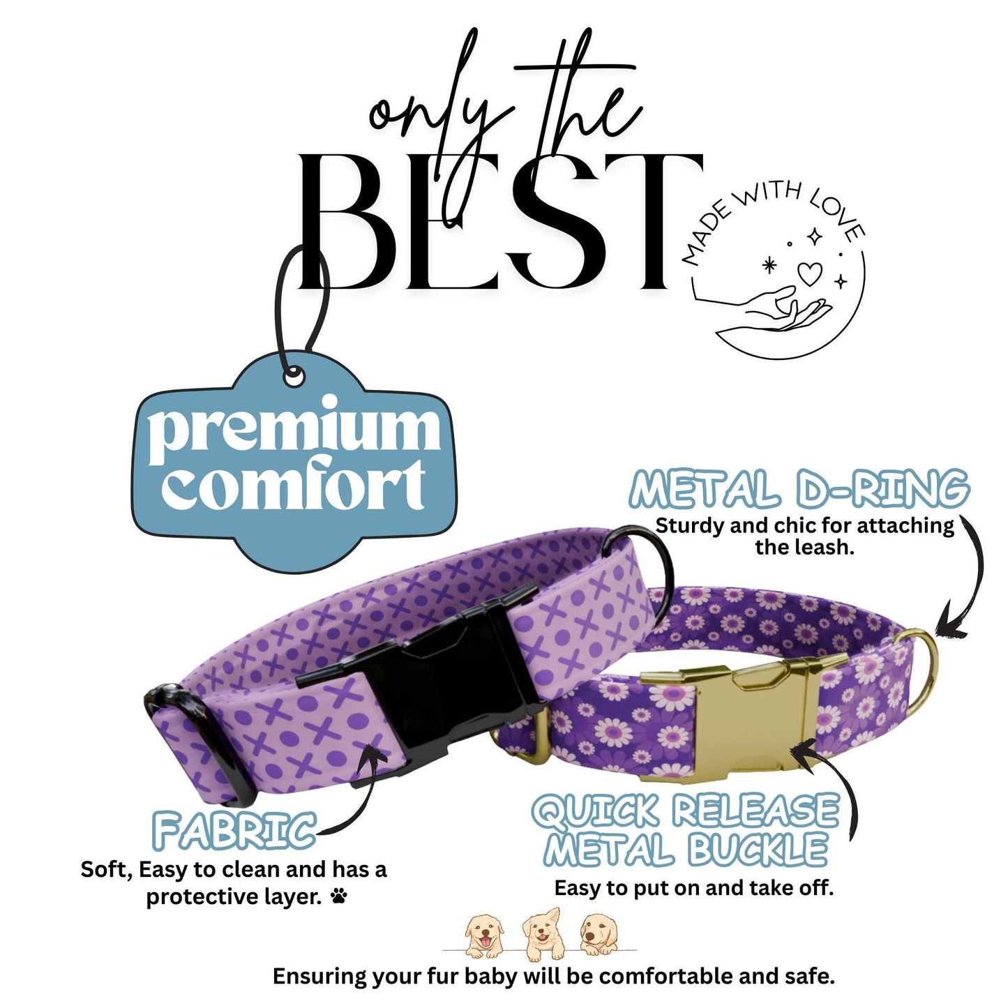 Purple Dog Collar, Hearts, Butterflies & Florals, Custom Metal Buckle (OG-419)