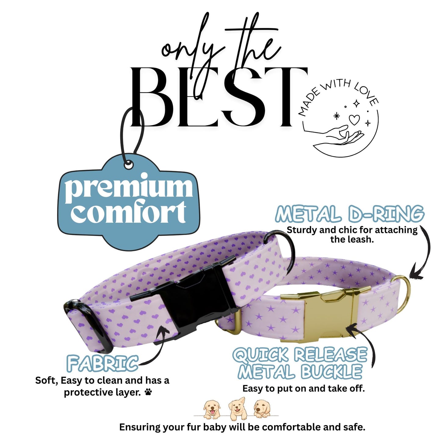 Lavender Dreams Personalized Dog Collar Custom Name Purple Paw, Gingham, Heart & Star Designs (OG-422)