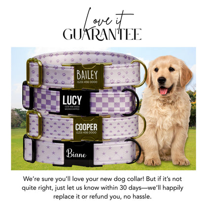 Lavender Dreams Personalized Dog Collar Custom Name Purple Paw, Gingham, Heart & Star Designs (OG-422)