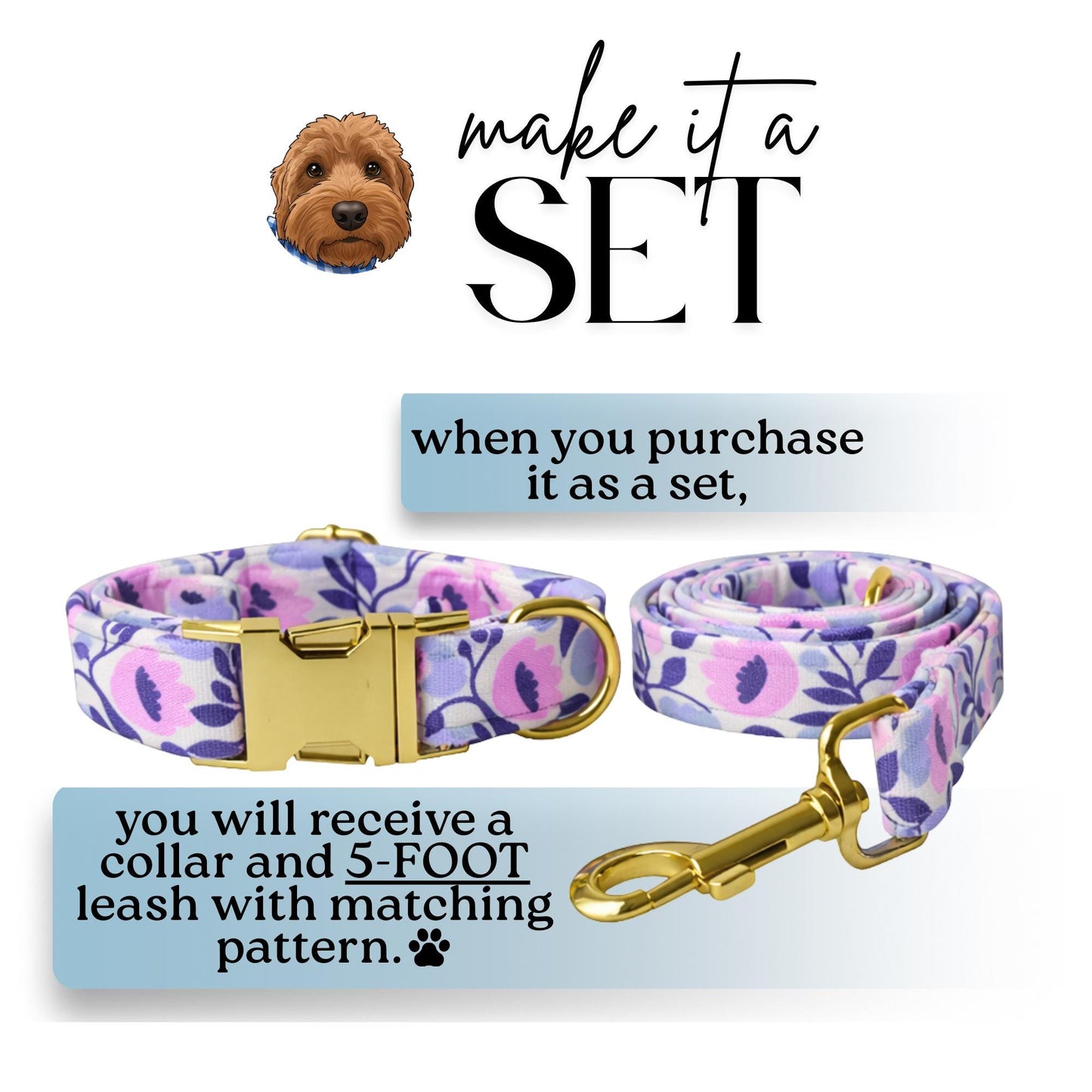Purple Bloom Parade Personalized Dog Floral Adjustable Collar & Leash Set Stylish Custom Flower Pet Gift (OG-423)