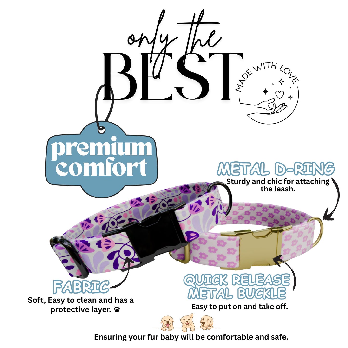 Purple Bloom Parade Personalized Dog Floral Adjustable Collar & Leash Set Stylish Custom Flower Pet Gift (OG-423)