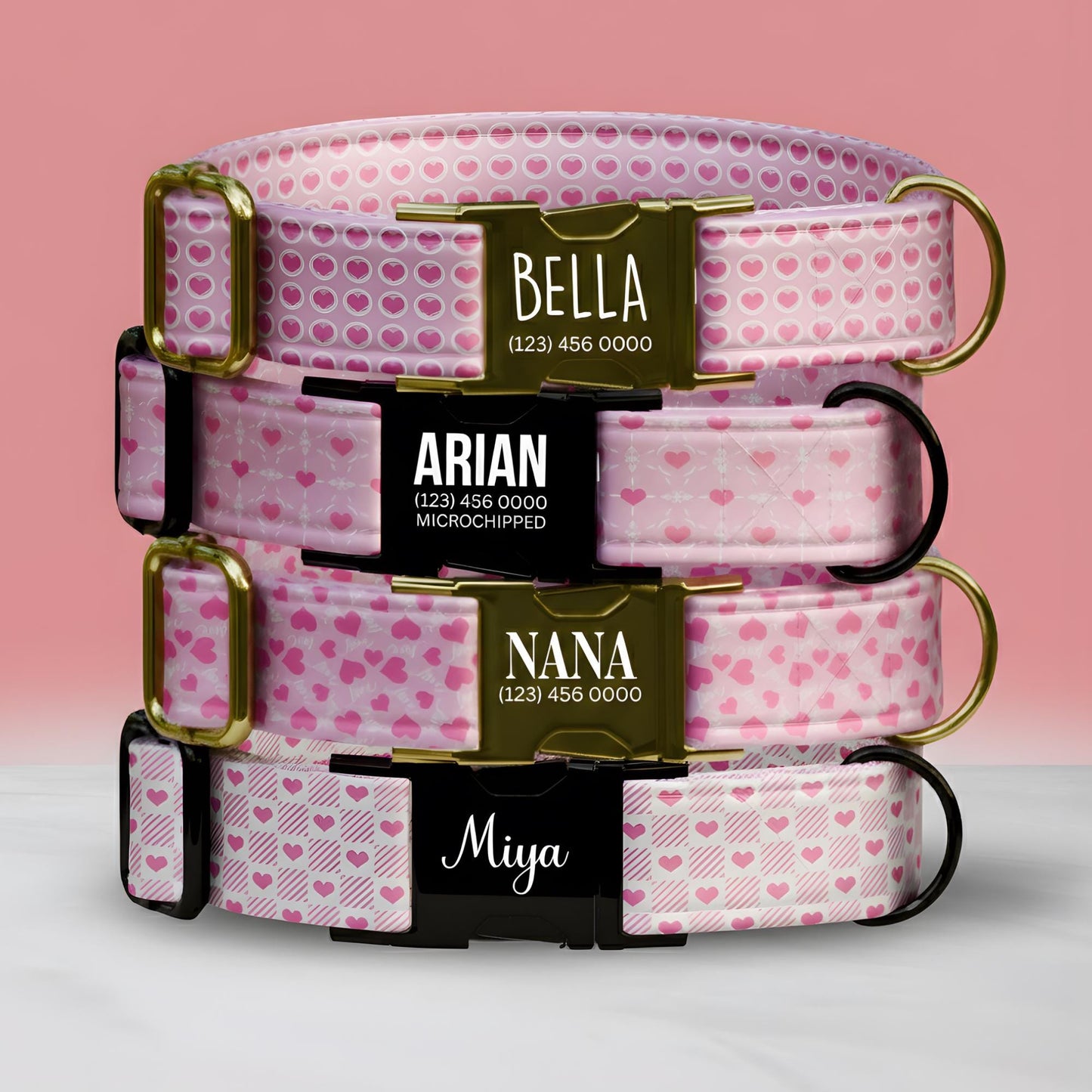 Personalized Valentine Dog Collar: Sweet Pink Hearts, Custom Name (OG-414)