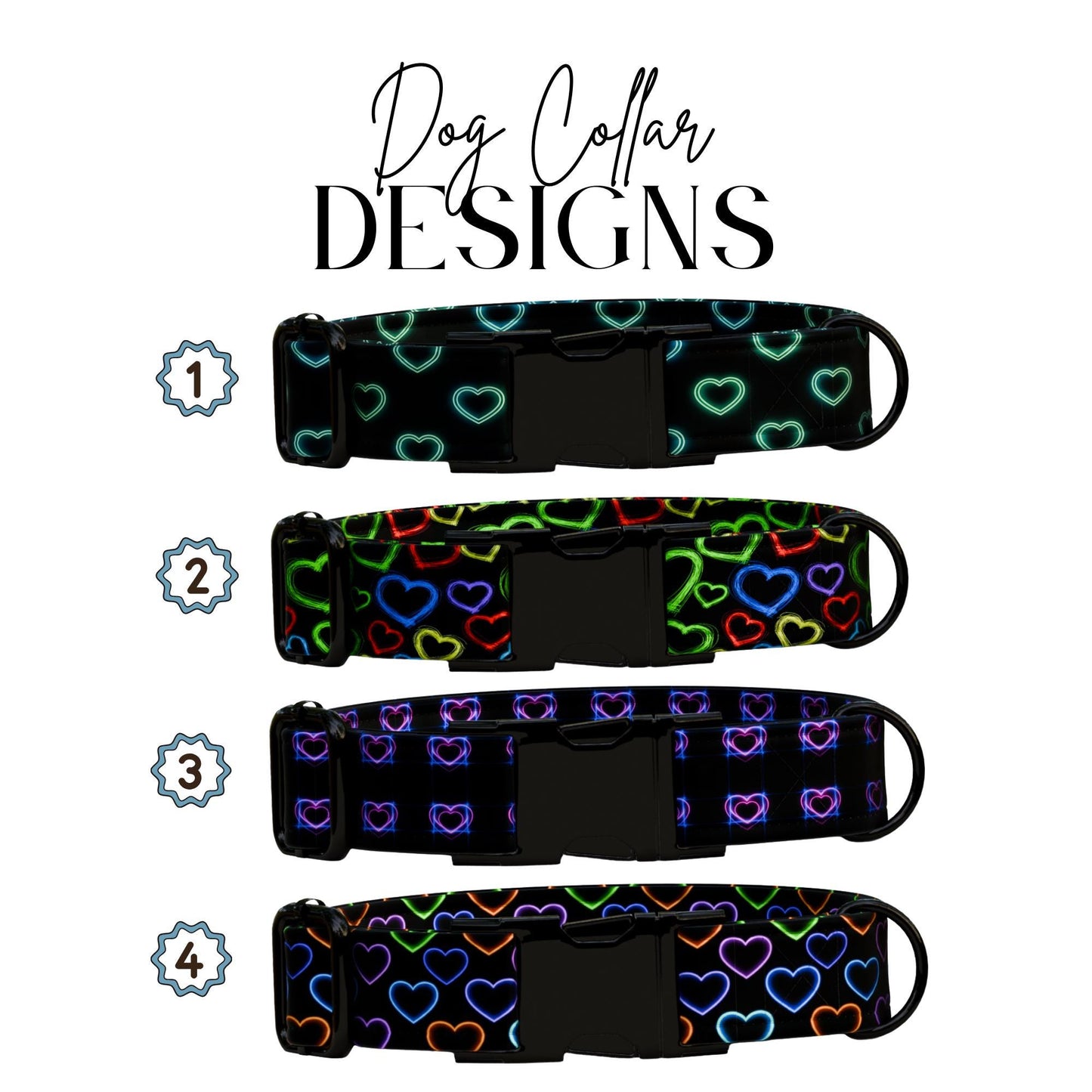 Valentine Dog Collar: Neon Heart Glow, Custom Name, Metal Buckle (OG-406)