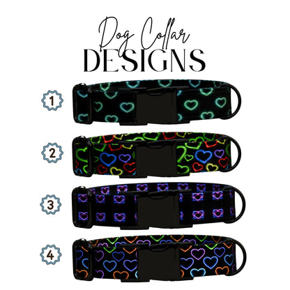 Valentine Dog Collar: Neon Heart Glow, Custom Name, Metal Buckle (OG-406)