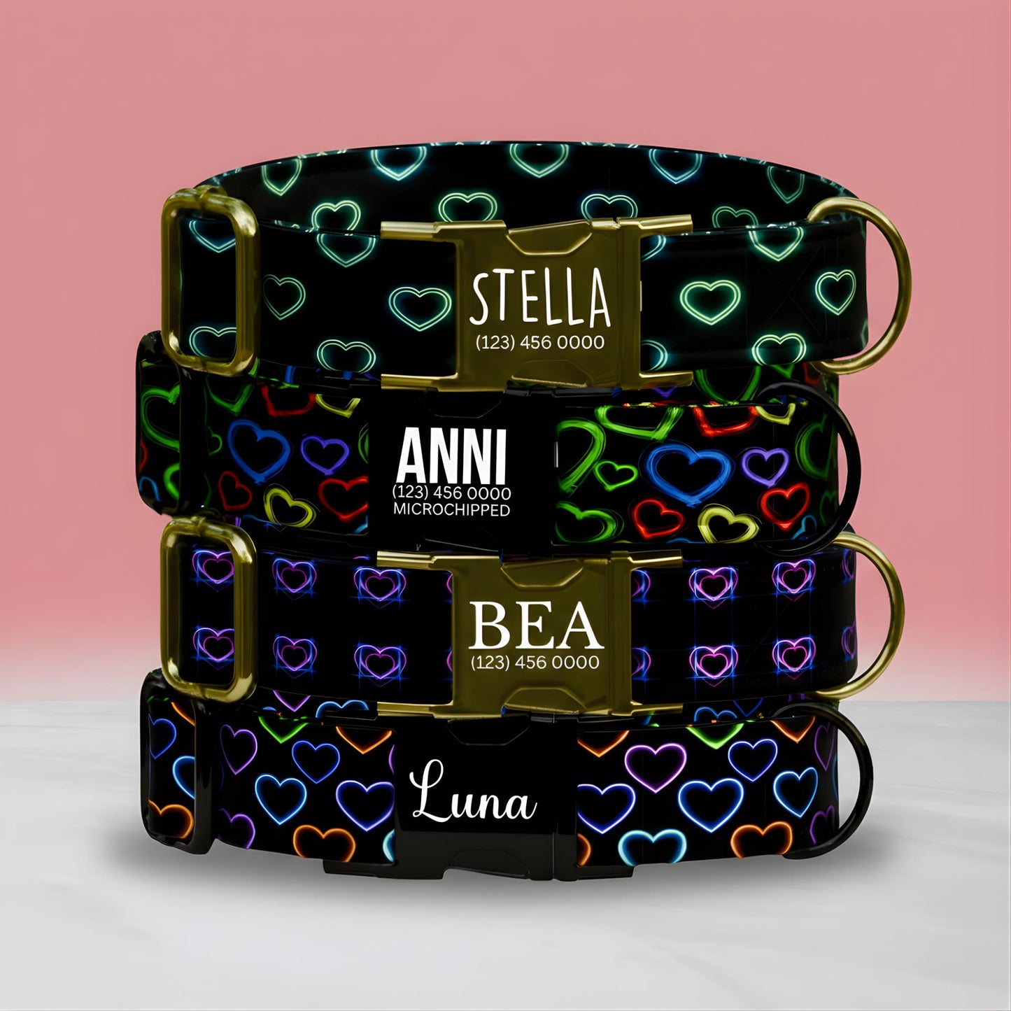 Valentine Dog Collar: Neon Heart Glow, Custom Name, Metal Buckle (OG-406)