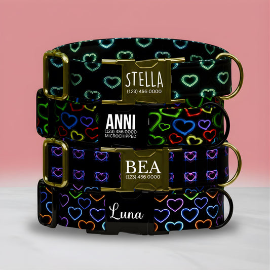 Valentine Dog Collar: Neon Heart Glow, Custom Name, Metal Buckle (OG-406)