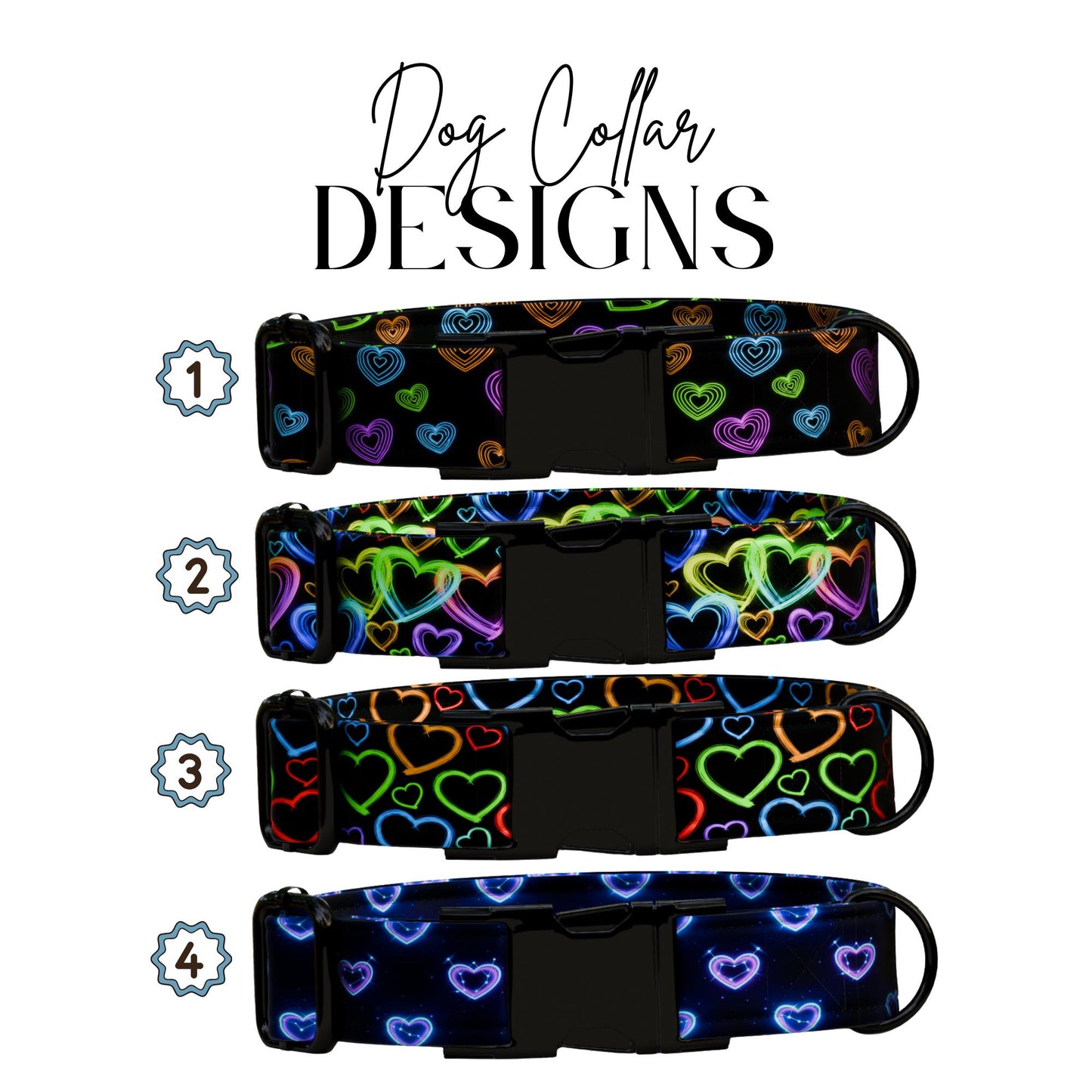 Neon Rainbow Hearts Personalized Dog Collar  Metal Buckle, Valentine's Day ((OG-404)