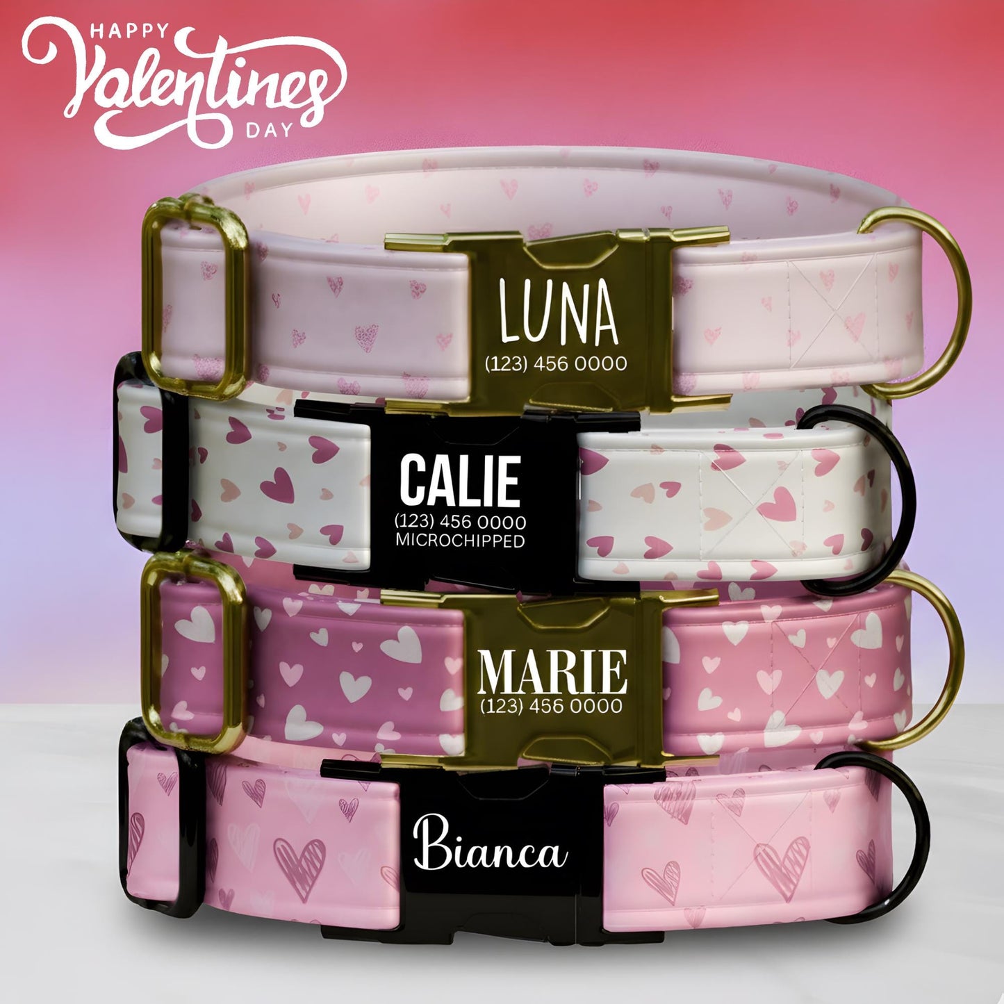 Personalized Valentine Dog Collar: Blush Hearts, Custom Metal Buckle (OG-391)