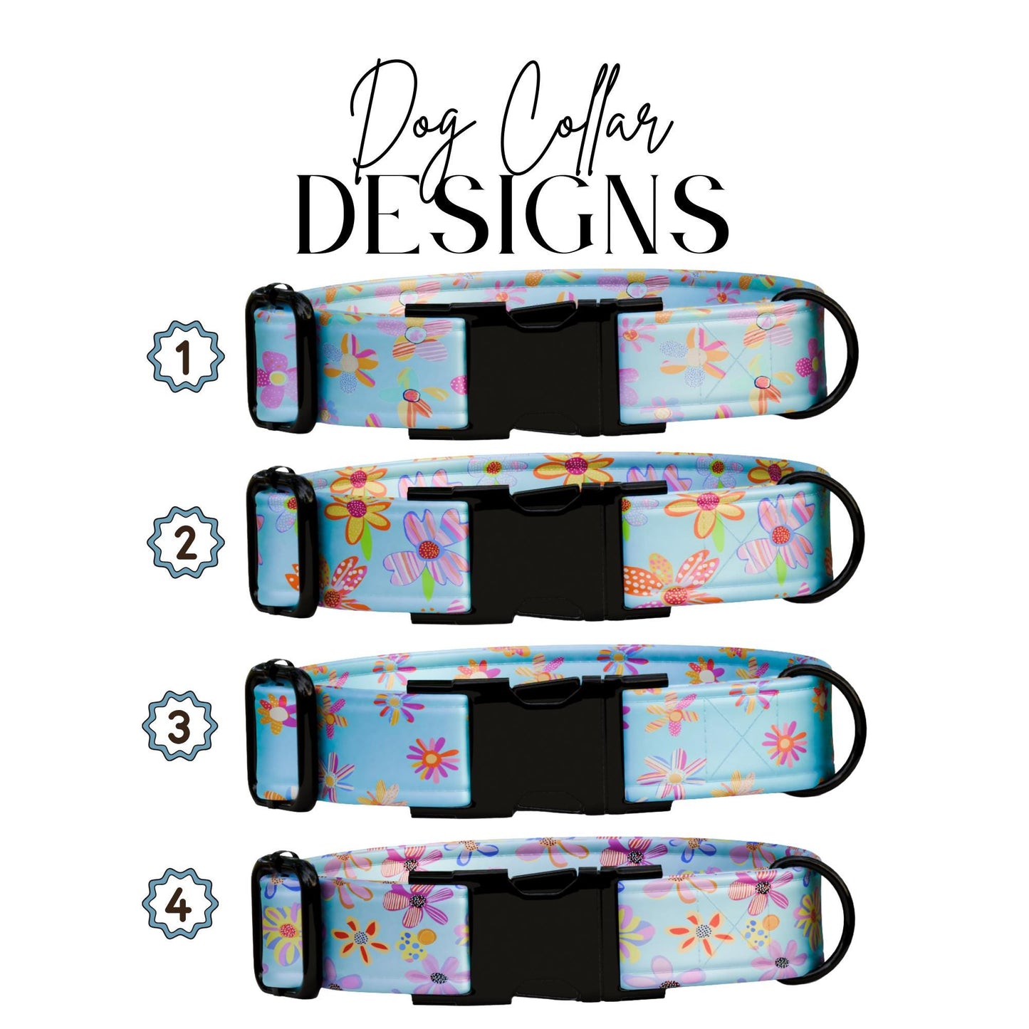 Pastel Bloom Garden Dog Collar  Floral Blue Personalized Collar with Metal Buckle (OG-427)