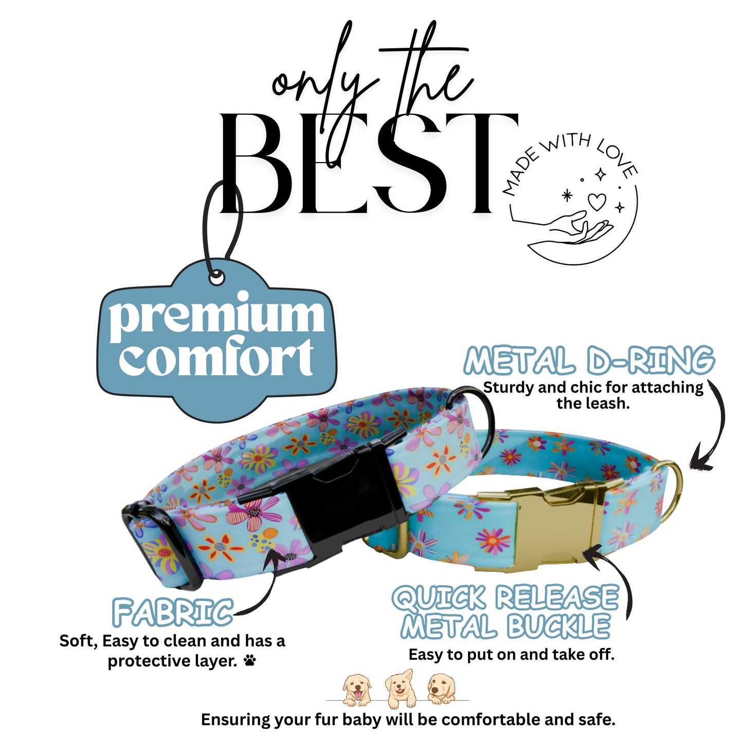 Pastel Bloom Garden Dog Collar  Floral Blue Personalized Collar with Metal Buckle (OG-427)