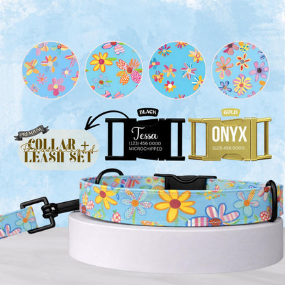 Pastel Bloom Garden Dog Collar  Floral Blue Personalized Collar with Metal Buckle (OG-427)