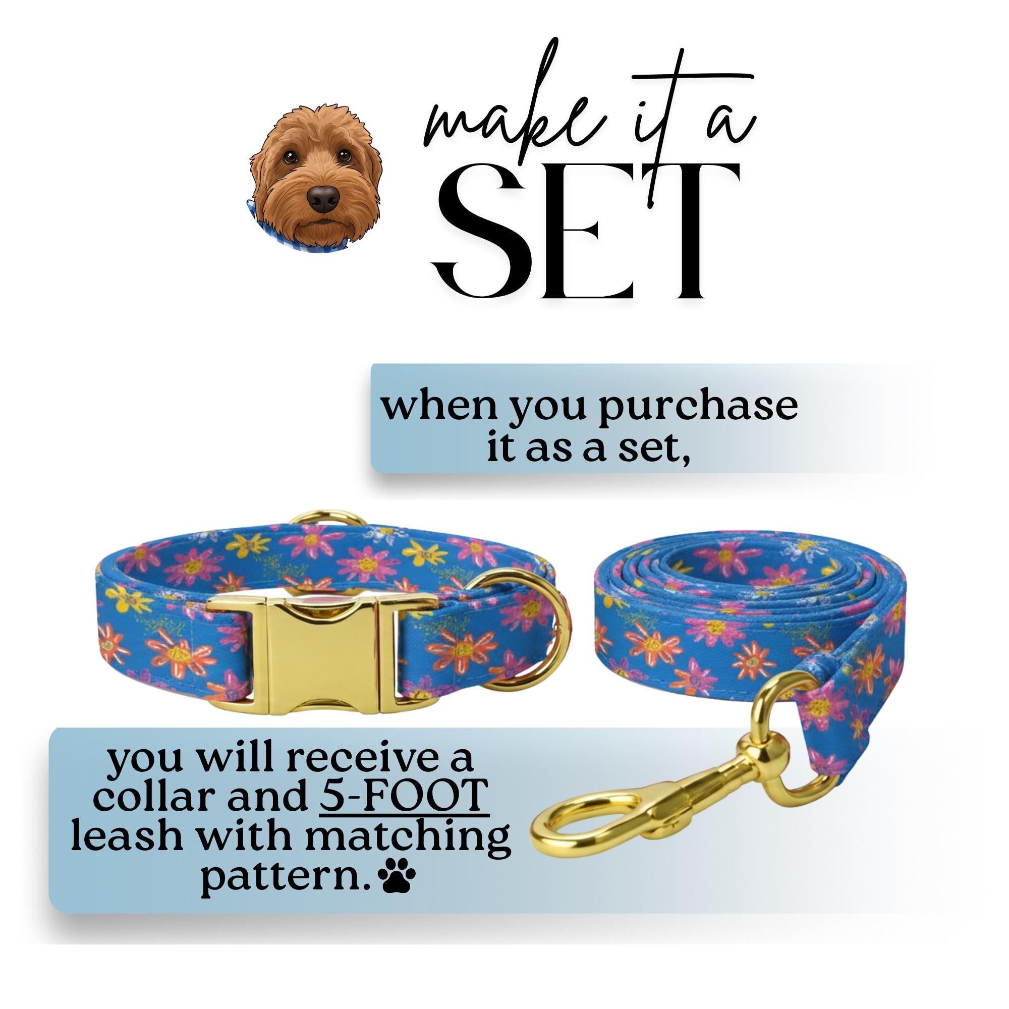 Blue Bloom Garden Dog Collar - Bright Floral Personalized Dog Tag with Metal Buckle Gift for Dogs (OG-428)