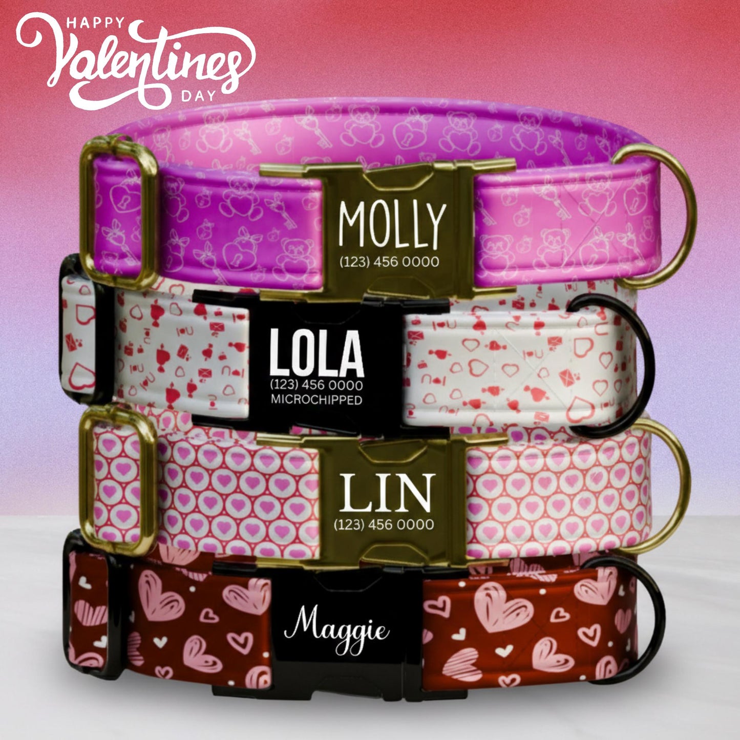 Valentine Dog Collar with Heart and Teddy Bear Designs, Custom Name & Phone Number (OG-395)